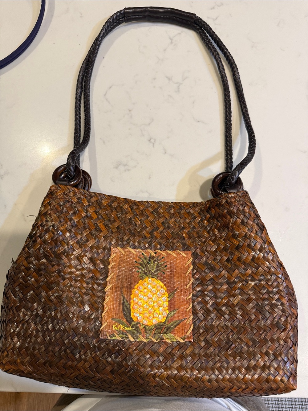 Woven Brown Shoulder Bag with Pineapple Accent